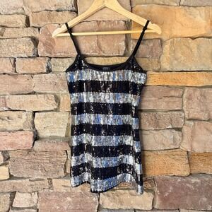 Y2K Voice Womens Large Sequin Striped Camisole Top Black Silver Spaghetti Strap